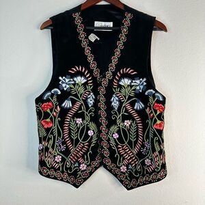 Vintage Cedars Womens Black Suede Leather Vest Boho Floral Embroidered Large